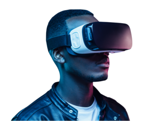 VR metaverse concept. Young african american man wearing virtual reality headset