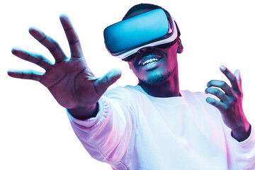 African man in vr glasses, playing video games with virtual reality headset, trying to touch metaverse - obrazy, fototapety, plakaty