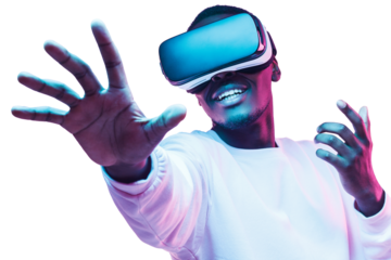 African man in vr glasses, playing video games with virtual reality headset, trying to touch metaverse