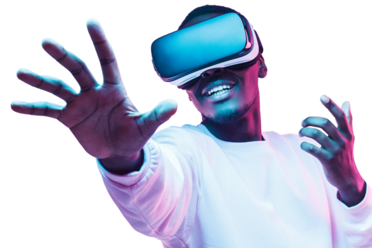 African man in vr glasses, playing video games with virtual reality headset, trying to touch metaverse