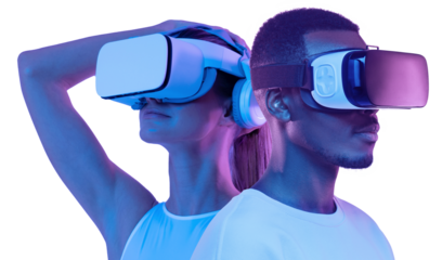 Metaverse people, couple, man and woman in virtual reality headsets exploring VR world
