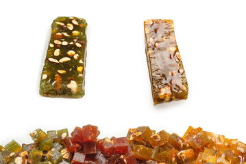 Turkish traditional delight with nuts isolated on white background.