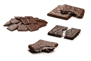 Dark chocolate candies isolated on white background.