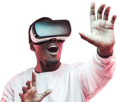 Young african man playing VR video game with virtual reality goggles and mouth wide open