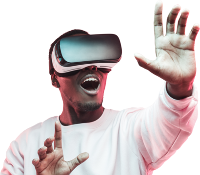 Young african man playing VR video game with virtual reality goggles and mouth wide open