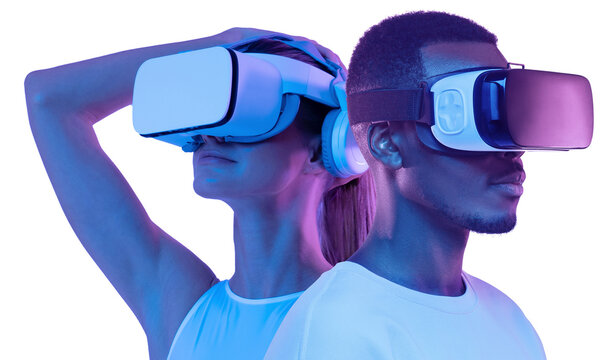 Metaverse people, couple, man and woman in virtual reality headsets exploring VR world