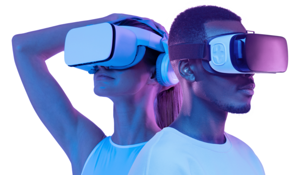 Metaverse people, couple, man and woman in virtual reality headsets exploring VR world