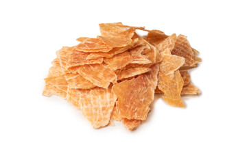 Group of tasty beer snacks. Dehydrated chicken meat slices.