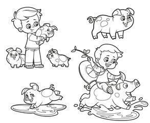 Cute cartoon boys play with pigs and pigs separately outlined for coloring page