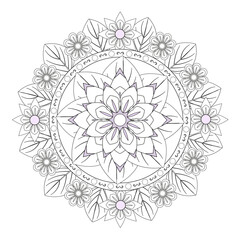 Flower and leaves round decorative ornament. Mandala style.Coloring book page, vector illustration.
