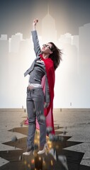 Superhero businesswoman escaping from difficult situation