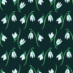 seamless pattern with gouache snowdrops on a dark background.