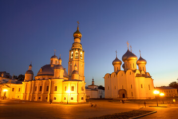 Fototapeta na wymiar View of the ancient temples of the Vologda Kremlin on the late August evening. Vologda, Russia