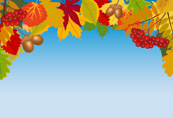Frame with a pattern at the top of autumn leaves on a blue sky background. Vector clip art. All parts are editable