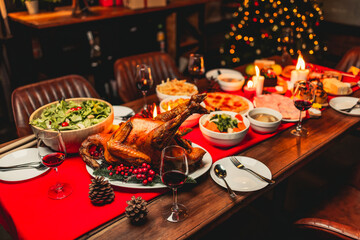 A christmas turkey dinner ready to be eaten on the table