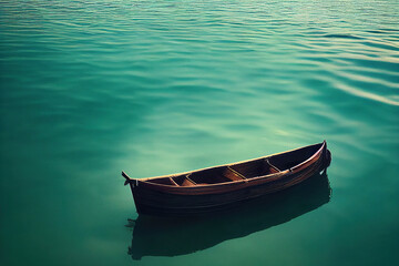 Fototapeta premium Lonely boat open sea, peaceful nature background, digital illustration, digital painting, cg artwork, realistic illustration, 3d render