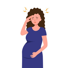 Pregnant woman suffering from headache, stress and nausea sickness in flat design on white background.