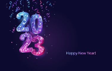2023 glitter numbers hanging on strings. Blue to pink gradient. Happy new year banner. Background with colorful confetti and ribbons. Vector decoration. For Christmas and holiday cards, party posters.