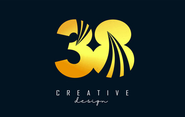 Golden Creative number 38 3 8 logo with leading lines and road concept design. Number with geometric design.