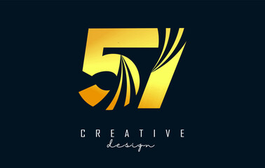 Golden Creative number 57 5 7 logo with leading lines and road concept design. Number with geometric design.