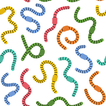 Colored worms seamless pattern. Curled earthworms background. Terrestrial annelids worms hand drawn pattern