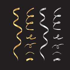 Set of golden and silver serpentines or confetti isolated on black background
