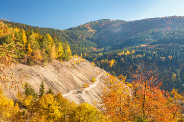 The Maximilian heap after mining activity in The Spania Dolina village at autumn season, Slovakia, Europe. - obrazy, fototapety, plakaty