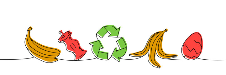 Set of organic trash one line colored continuous drawing. Egg shell, peel of banana, apple stub continuous one line colorful set illustration.