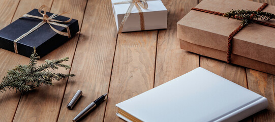 present boxes and diary. place on office table, concept to christmas gift and holiday season