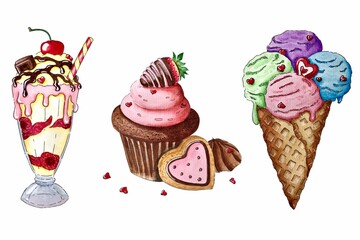 Set of watercolor illustrations with saint Valentine’s desserts.
