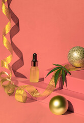 Pink podium of gift boxes golden ribbon. Christmas background with podium for cannabis products....