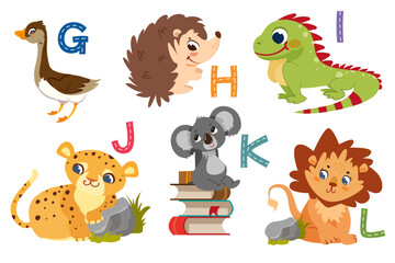 English alphabet with flat cute animals for kids education. Letters with funny animal characters from G to L. Children design set for learning to spell with cartoon zoo collection.