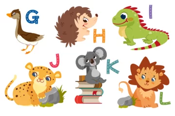 Fotobehang English alphabet with flat cute animals for kids education. Letters with funny animal characters from G to L. Children design set for learning to spell with cartoon zoo collection. © redgreystock