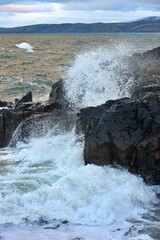 Rocks and waves at Corsewell Point near Stranraer Dumfries and Galloway in winter