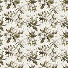 Vintage seamless pattern with flowers. Magnolia autumn pattern. White flowers patterns. Background. Pattern with magnolia flowers and leaves. White floral pattern 10000 x 10000 px 300 DPI.  