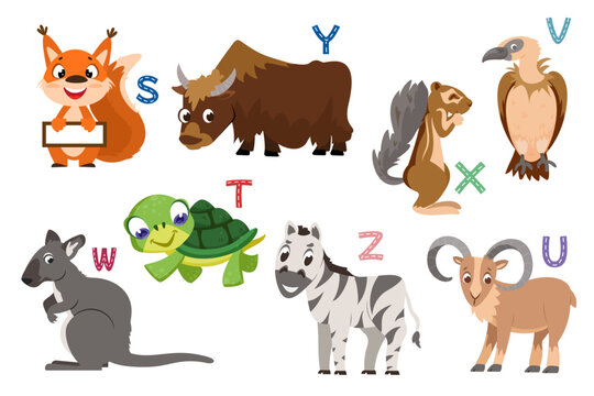 English alphabet with flat cute animals for kids education. Letters with funny animal and bird characters from S to Z. Children design set for learning to spell with cartoon zoo collection.