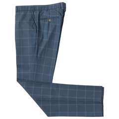 Men's gray-blue dress pants, plaid fabric, on a white background, flat lay, isolate
