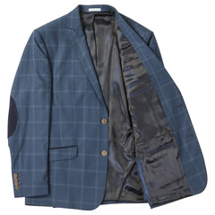 Men's jacket made of blue plaid fabric, classic suit, on a white background, isolate, flat lay