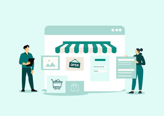 vector illustration design developer and designer team create online shop on websites concept.