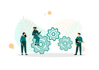 Flat Banner Inscription Team Building Cartoon. Men Spin Gear in General Mechanism. People Look at Work Others. Corporate Culture is Embedded in Management Company. Vector Illustration.