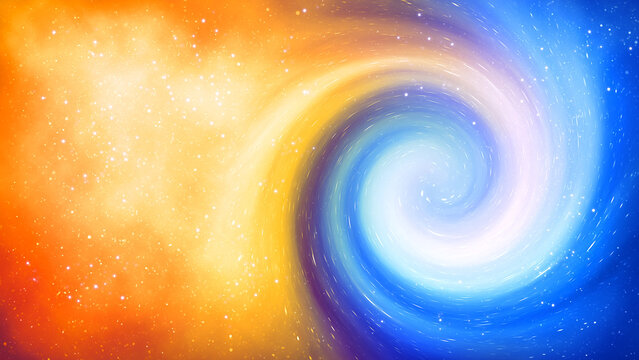 Abstract background of a glowing energy swirl in the universe in blue and orange tones. Digital illustration