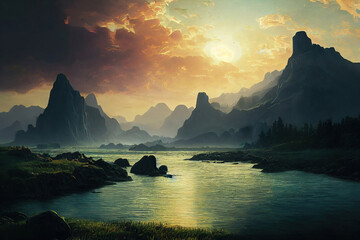 river flowing in the valley, mountains at the background, digital illustration, digital painting, cg artwork, realistic illustration, concept art, video game background, book illustration