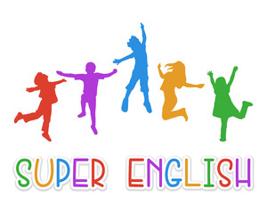 super English banner with kid jump