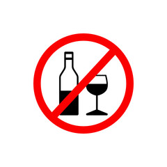 Prohibition Alcohol Sign or Prohibition Alcohol Symbol Vector On White Background. No alcohol sing vector. Bottle of wine and a glass in prohibitory sign