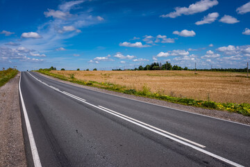 Picturesque asphalt road, beautiful summer view, Pskov region, Russia