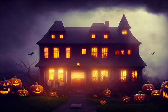 Halloween Party House Digital Illustration, Created With Generative Ai