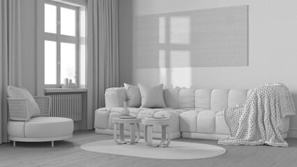Total white project draft, farmhouse living room, rattan furniture, parquet floor and macrame wall art. Boho interior design