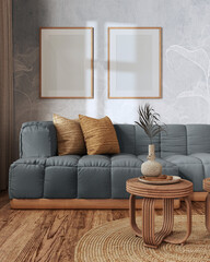 Frame mockup, farmhouse living room in gray and beige tones. Parquet and rattan furniture, sofa, wallpaper. Vintage interior design