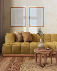 Frame mockup, farmhouse living room in yellow and beige tones. Parquet and rattan furniture, sofa, wallpaper. Vintage interior design