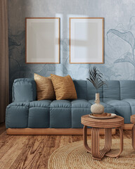 Frame mockup, farmhouse living room in blue and beige tones. Parquet and rattan furniture, sofa, wallpaper. Vintage interior design